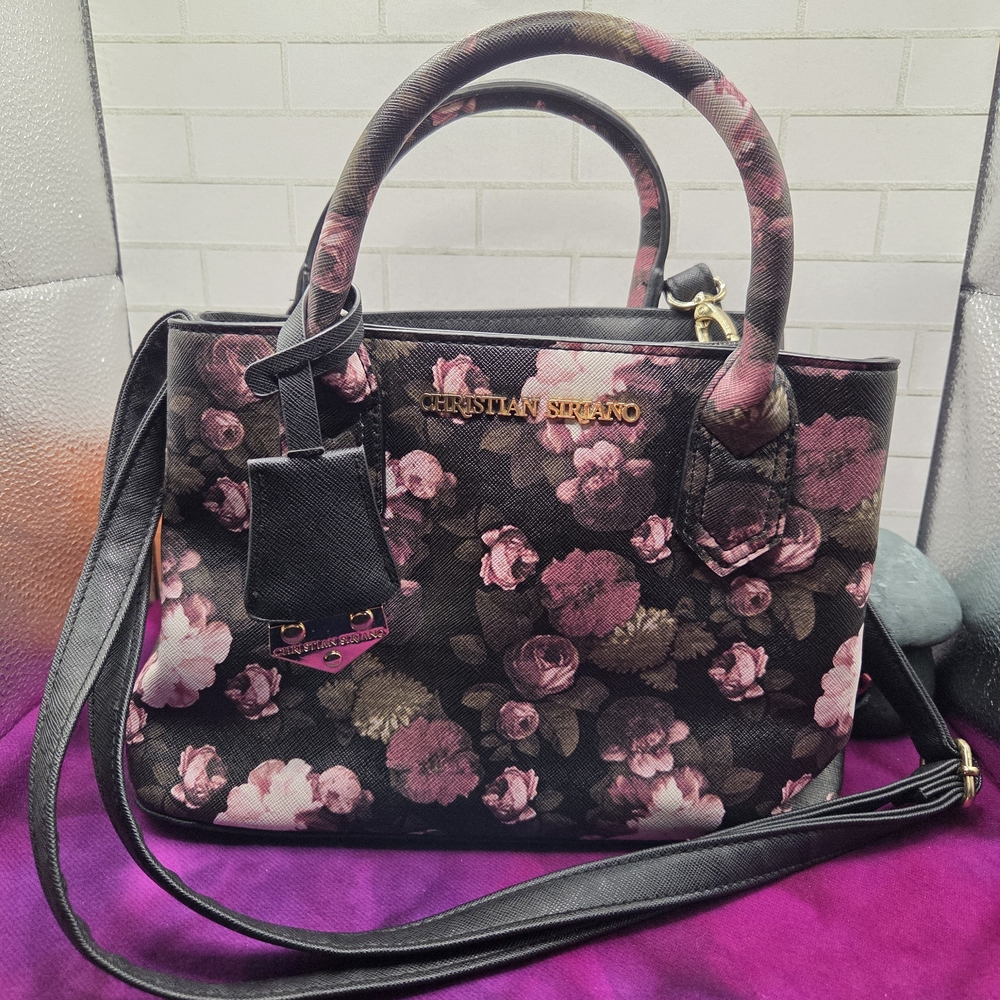 P112. Christian Siriano Black and Pink Floral Satchel